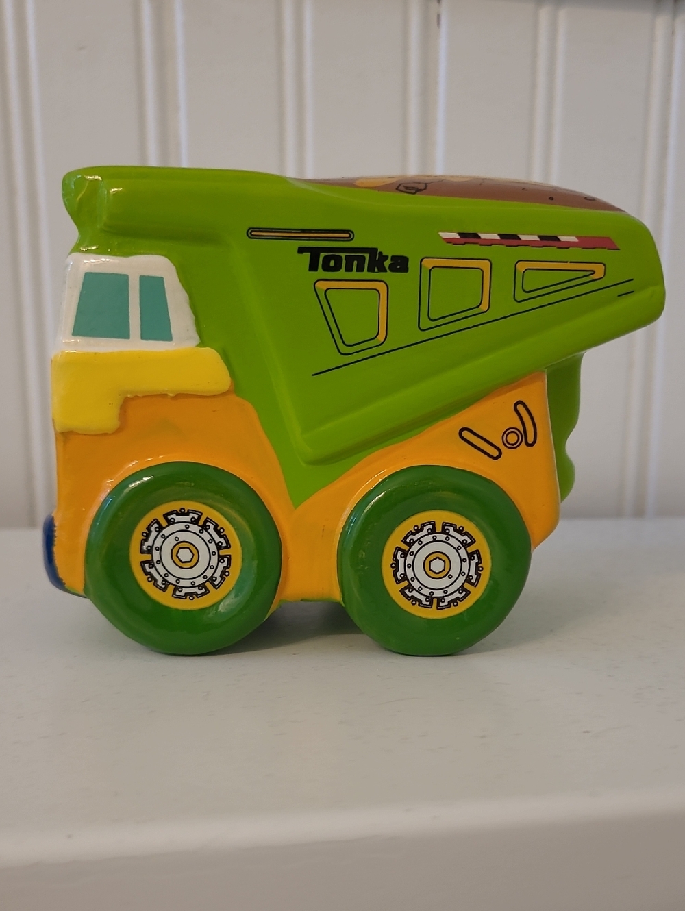 2014 Hasbro Tonka Green and Yellow Ceramic PIGGYBANK shaped as a Toy Dump Truck